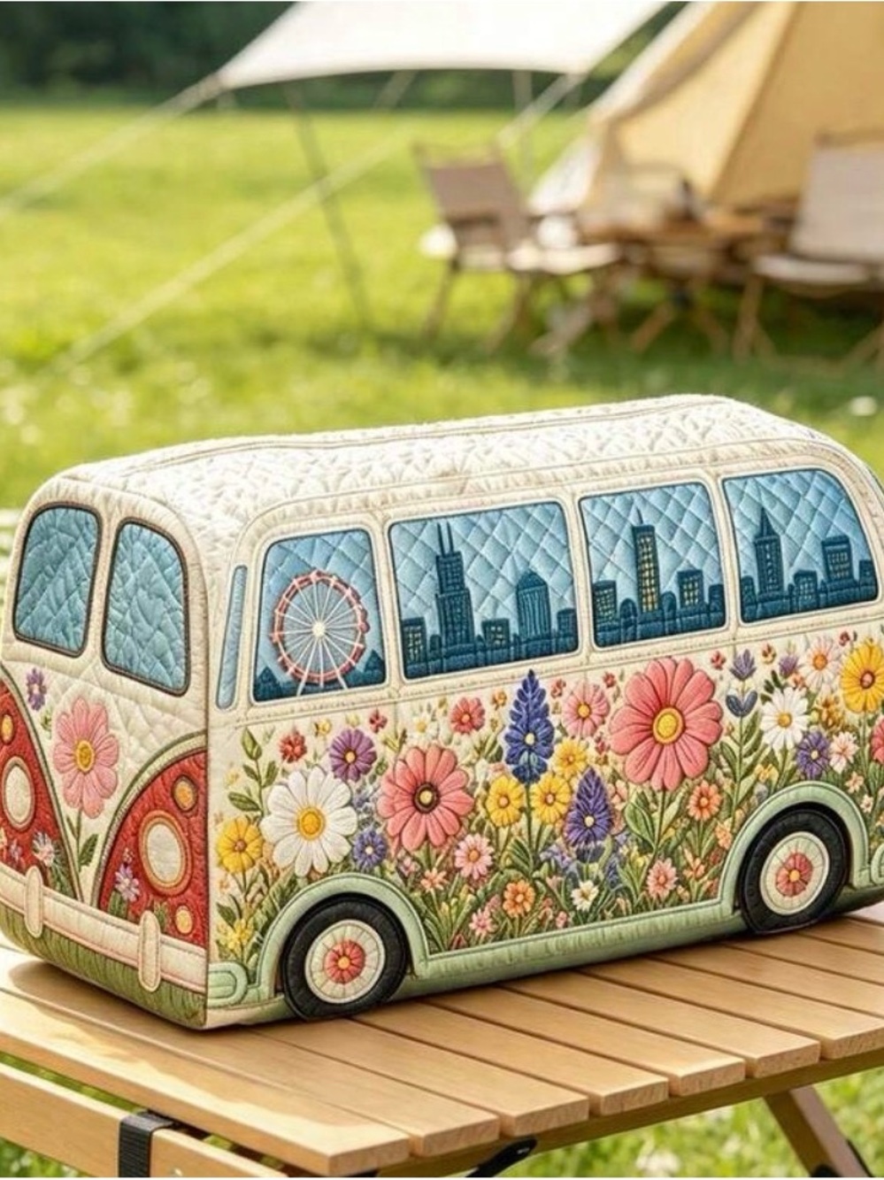 Floral Camper Van Quilted Cosmetic Bag - Cream & Multi